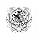 black frozen clock with two roses at it sides, with a little ice on color, and an 1995 underneath in gotic font tattoo design idea