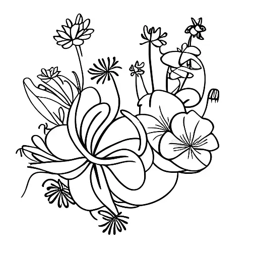 flower, lily, butterfly, daisy, babies breath tattoo design idea