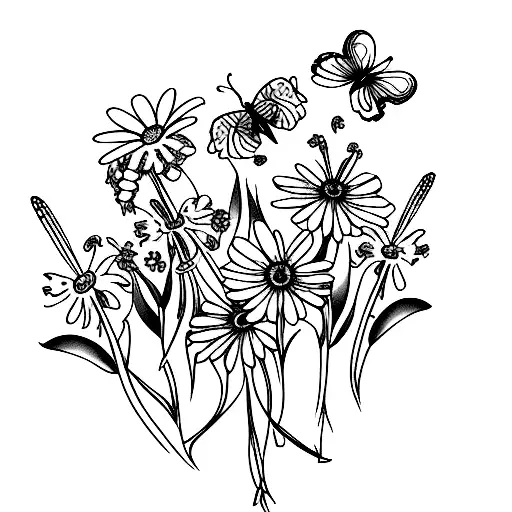 flower, lily, butterfly, daisy, babies breath tattoo design idea