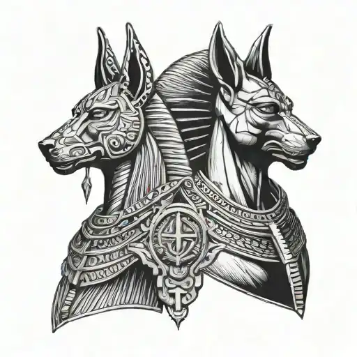 kleopatra and anubis egiptian god tattoo design idea