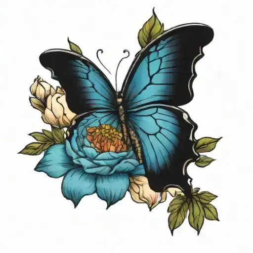 blue morpho butterfly on peony tattoo design idea