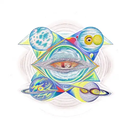 An all-seeing eye in a triangle around several planets, stars, and a bundle of rubles. tattoo design idea