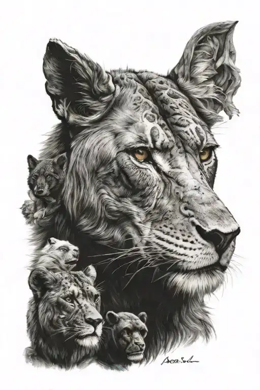 Tattoo : Lioness, chimpanzee, Wolf, bear , Lizard   With the names Amelia, Aria, Luna, Koda, Ella tattoo design idea