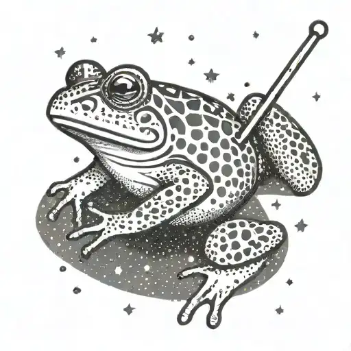 A frog sitting on a magic wand, surrounded by shimmering stars and sparkles tattoo design idea