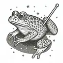 A frog sitting on a magic wand, surrounded by shimmering stars and sparkles tattoo design idea
