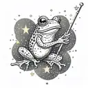 A frog sitting on a magic wand, surrounded by shimmering stars and sparkles tattoo design idea