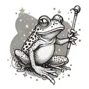 A frog sitting on a magic wand, surrounded by shimmering stars and sparkles tattoo design idea