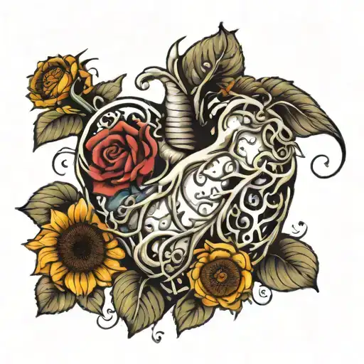 A brain and a lung form a heart and from it come a rose and a sunflower tattoo design idea