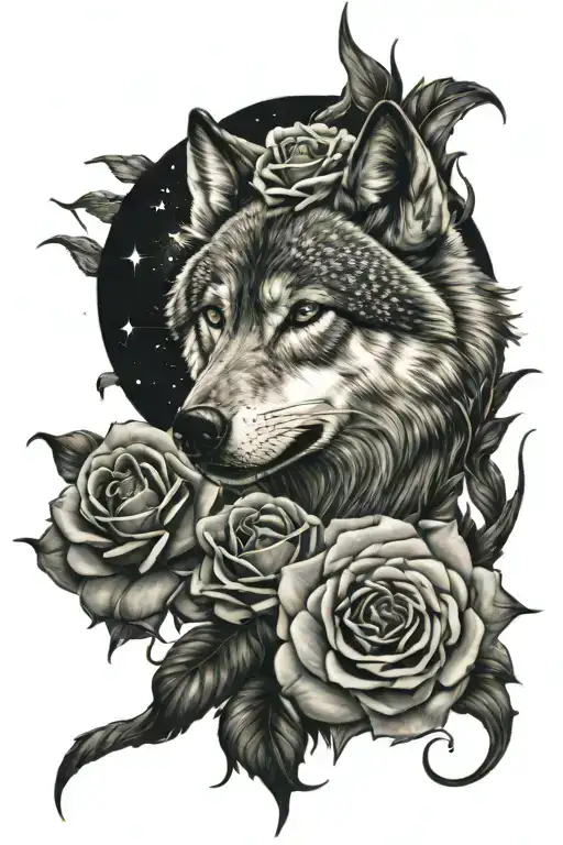 wolf roses galaxy tattoo design idea