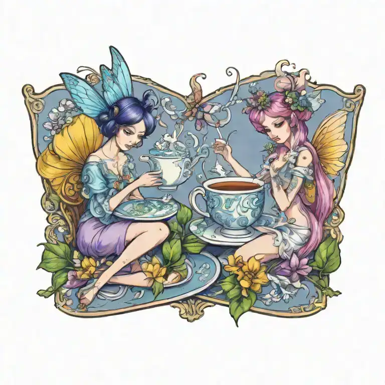 two fairies with butterfly wings sitting at a table made of a tea cup and saucer, lily of the valley tattoo design idea