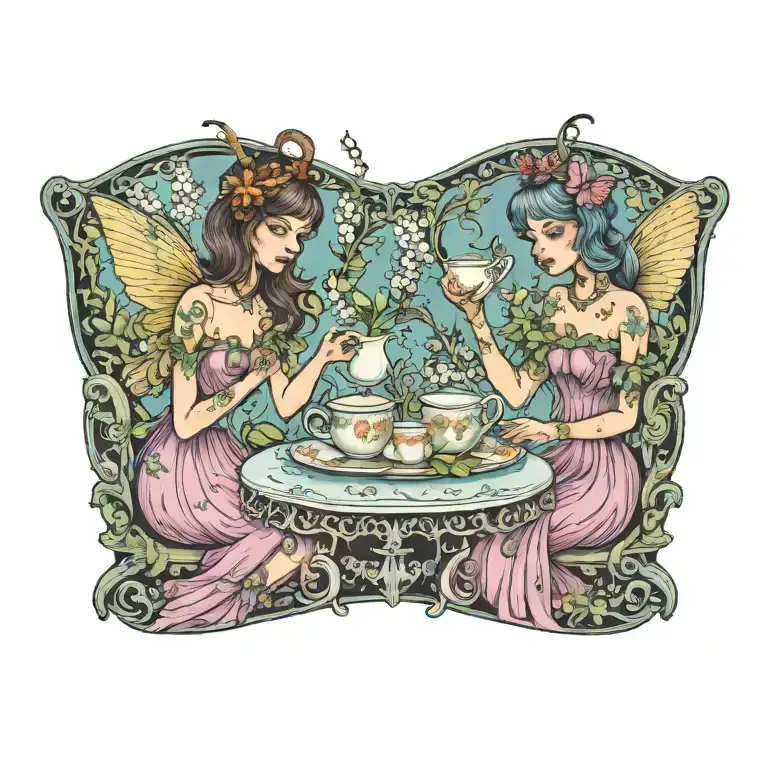two fairies with butterfly wings having tea at a table made of a tea cup and saucer, with lily of the valley border tattoo design idea