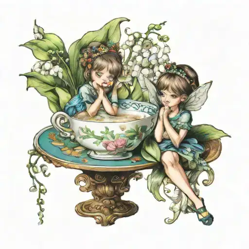 two girl fairies sitting at a table made of a tea cup and saucer, lily of the valley tattoo design idea