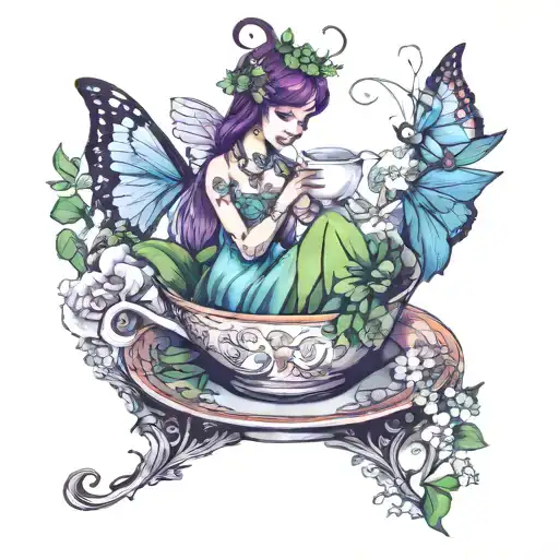 two fairies with butterfly wings sitting at a table made of a tea cup and saucer, lily of the valley tattoo design idea