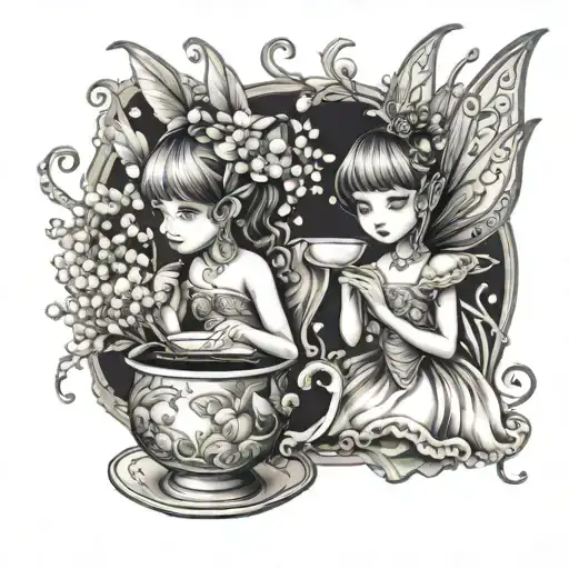 two fairies tea party with lily of the valley tattoo design idea