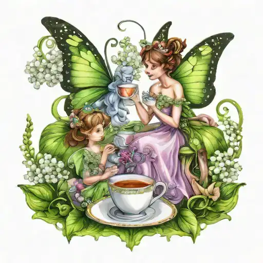 two young fairies with butterfly wings having tea at a tea cup table, with lily of the valley border tattoo design idea