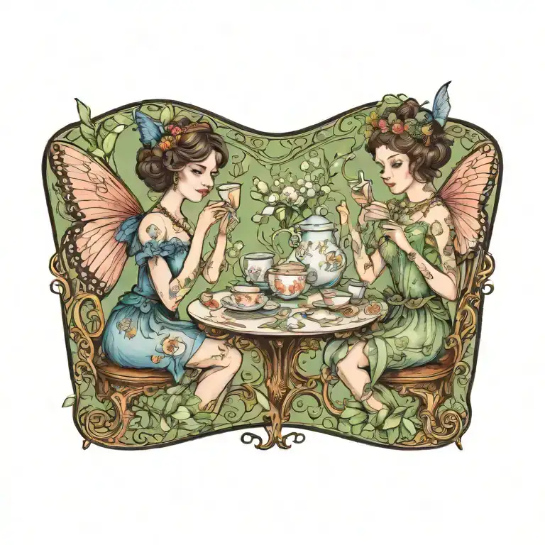 two young fairies with butterfly wings having tea at table made of a tea cup and saucer, with lily of the valley border tattoo design idea