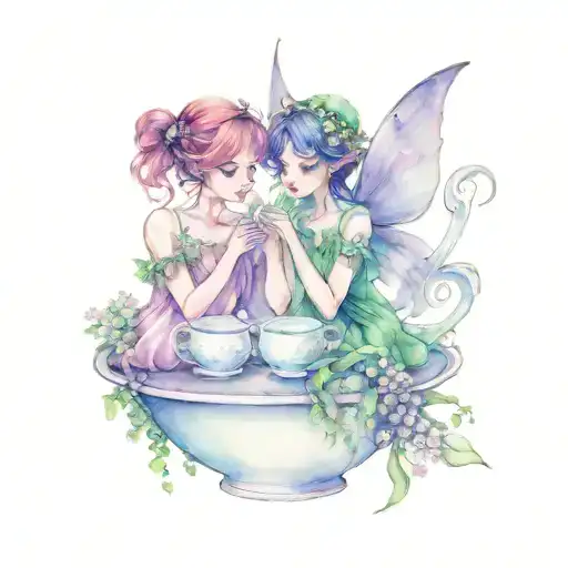 two girl fairies sitting at a table made of a tea cup and saucer, lily of the valley tattoo design idea