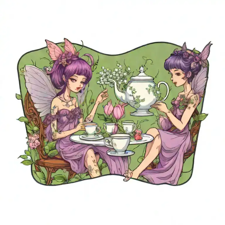 two fairies with butterfly wings having a tea party at a table made of a tea cup and saucer, with lily of the valley tattoo design idea