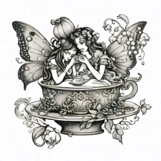 two girl fairies sitting at a table made of a tea cup and saucer, with full height lily of the valley on the sides tattoo design idea