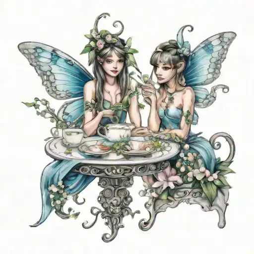 two girl fairies sitting at a table made of a tea cup and saucer, with full height lily of the valley on the sides tattoo design idea