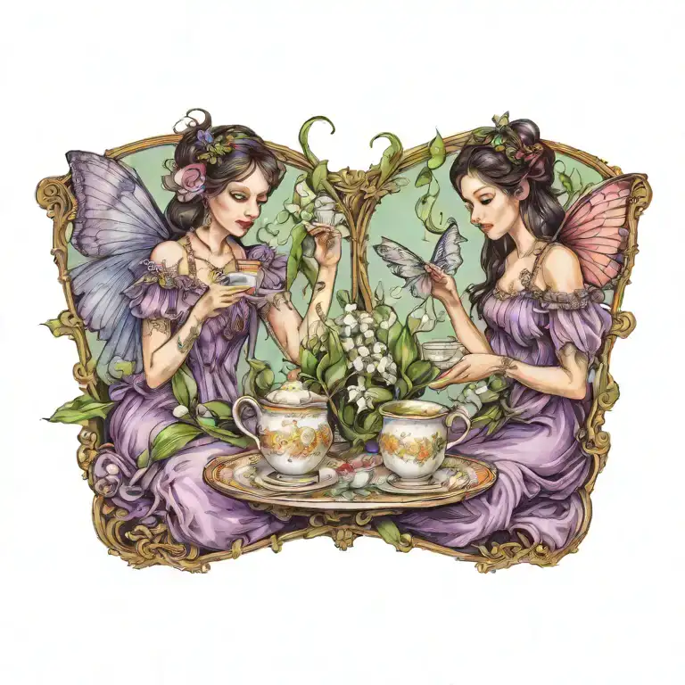 two young fairies with butterfly wings having tea at a tea cup table, with lily of the valley border tattoo design idea
