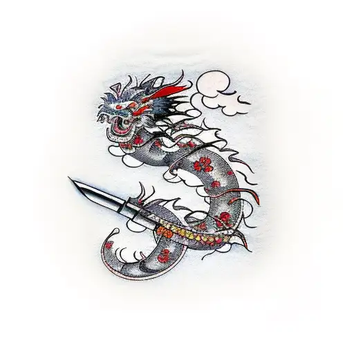 Japanese dragon katana samurai cherry blossom tree  tattoo design idea