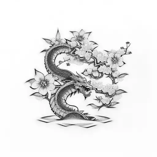 Japanese dragon katana samurai cherry blossom tree  tattoo design idea