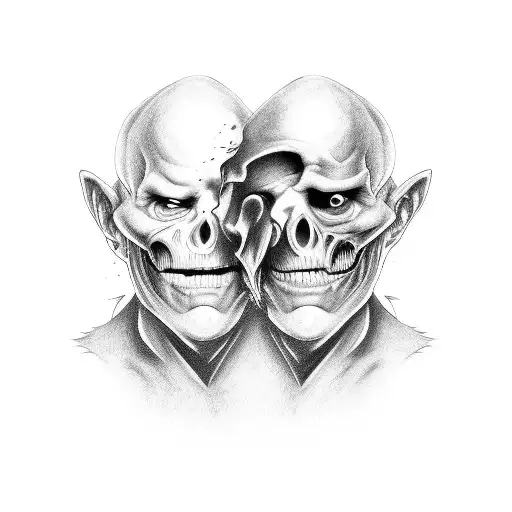 2 faces one good one evil facing each other fighting  tattoo design idea