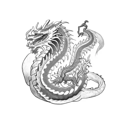 A dragon curled around a medical caduceus in a blackwork style tattoo design idea