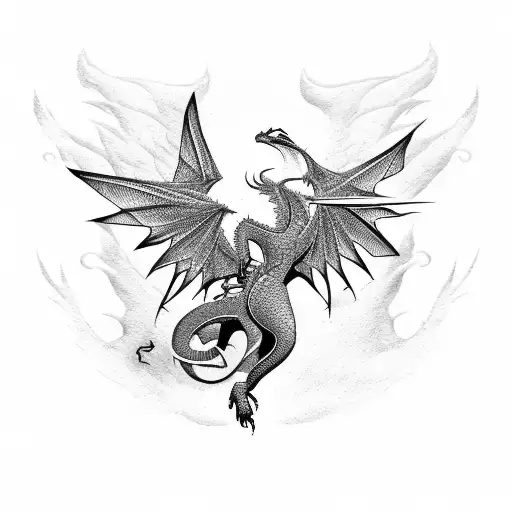 A silhouette of a hiker with dragon wings spread wide in a dotwork style tattoo design idea