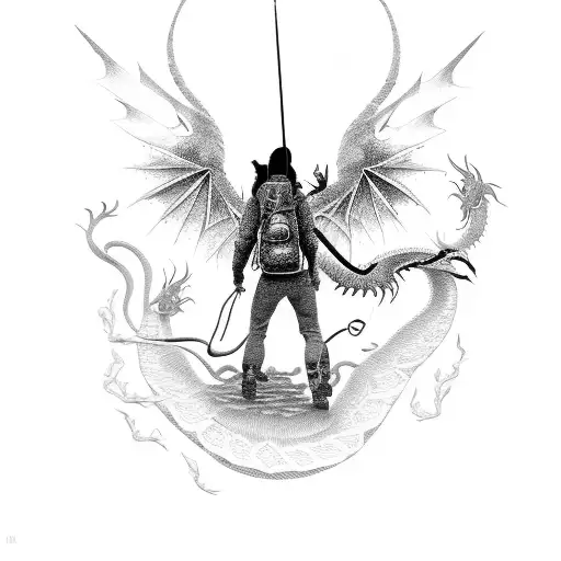A silhouette of a hiker with dragon wings spread wide in a dotwork style tattoo design idea