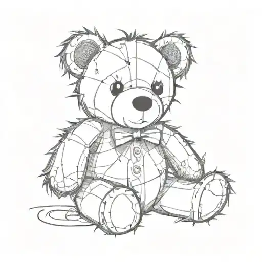 image is a black and white drawing of a raggedy, stitched-together teddy bear. It has several stitches and patches all o tattoo design idea