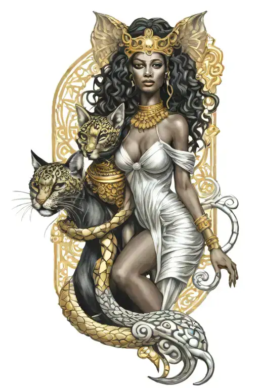 medusa and bastet goddess sexy black women posing together in matching gold and silver dresses tattoo design idea