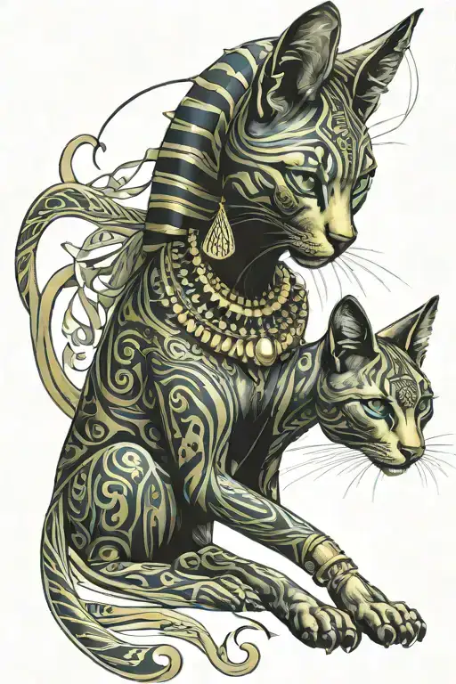 egyptian cat goddess bastet, sexy, strong, black woman, golden green colored eyes, walking with all cats of animal kingd tattoo design idea