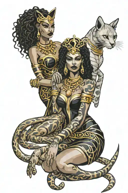 medusa and bastet goddess sexy black women posing together in matching gold and silver dresses tattoo design idea