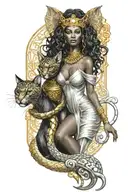 medusa and bastet goddess sexy black women posing together in matching gold and silver dresses tattoo design idea