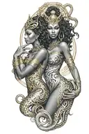 medusa and bastet goddess sexy black women posing together in matching gold and silver dresses tattoo design idea