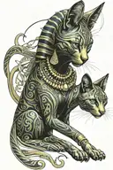 egyptian cat goddess bastet, sexy, strong, black woman, golden green colored eyes, walking with all cats of animal kingd tattoo design idea