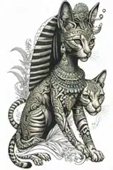 egyptian cat goddess bastet, sexy, strong, black woman, golden green colored eyes, walking with all cats of animal kingd tattoo design idea