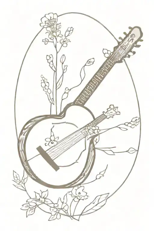 banjo with frets turning into wildflowers tattoo design idea