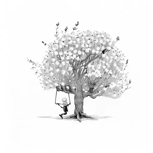 boy swinging from tree surrounded by wildflowers tattoo design idea