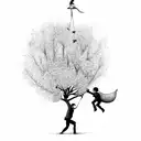 boy swinging from tree surrounded by wildflowers tattoo design idea