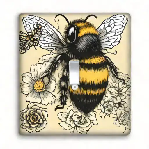 light switch with vintage panel that has a bumble bee, butterflies and a teddy bear tattoo design idea