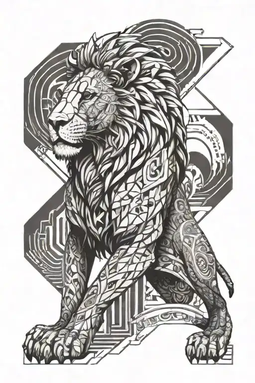 sleeve lion with architecture and music tattoo design idea