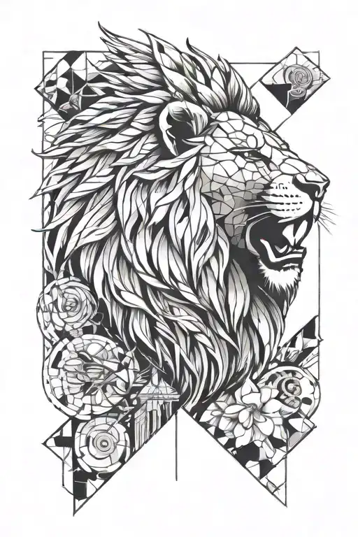 sleeve lion head with architecture and music tattoo design idea