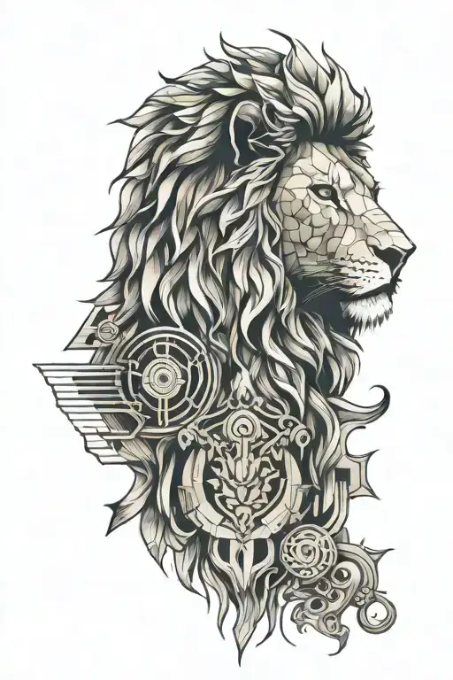 sleeve lion head with architecture and music tattoo design idea