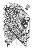 sleeve lion head with architecture and music tattoo design idea