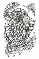 sleeve lion head with architecture and music tattoo design idea