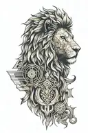 sleeve lion head with architecture and music tattoo design idea