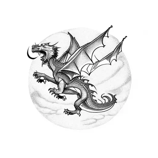 A fantasy landscape with dragons flying over a silhouette of a dog tattoo design idea